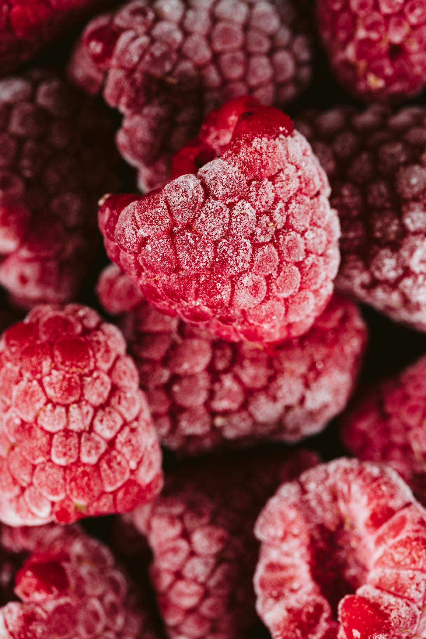 Frost-covered raspberries, close up